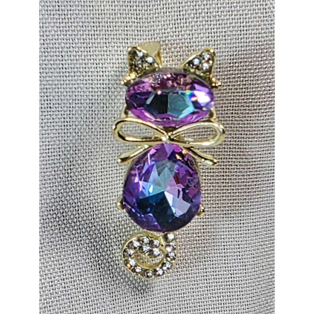 Purple Blue Crystal Cat Brooch Rhinestone Accent Feline Pin Accessory Gold Tone
